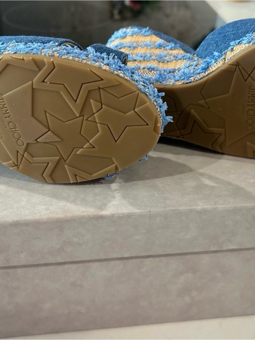 Jimmy Choo Denim Blue and Tan Espadrille Wedge Sandals - Picture 3 of 4